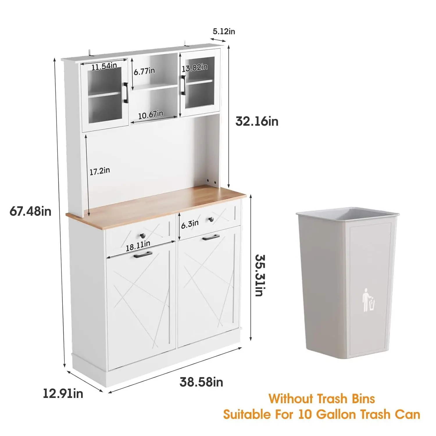 Vabches 67'' Tall Tilt Out Trash Cabinet with 2 Drawers & Storage Cabinet Kitchen Island Counter Trash Can Cabinet without Bins