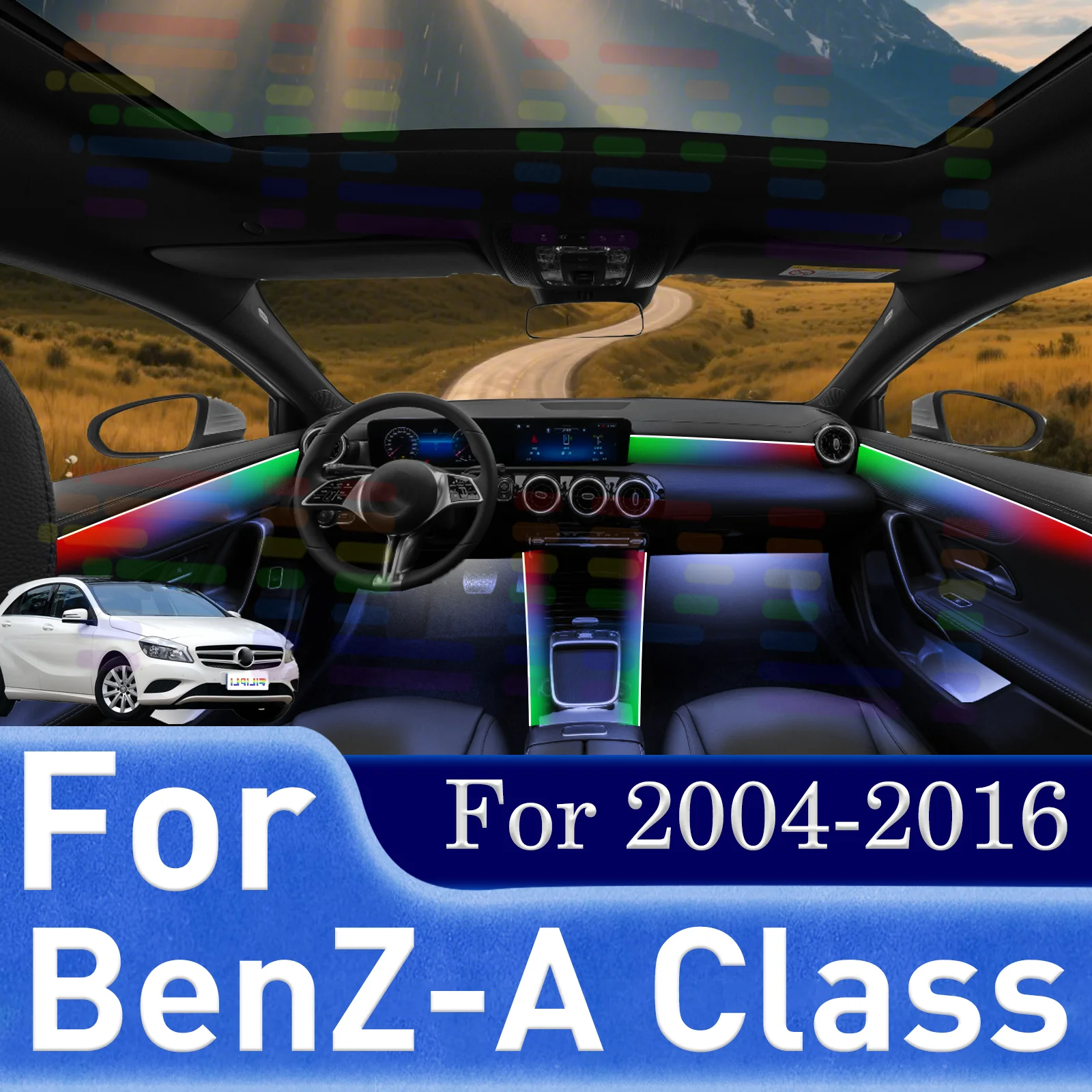 

6 In1 for BenZ-A Class W169 W176 Car LED Ambient Lamps Colorful Atmosphere Lights Auto Interior Neon Strip 64 RGB Lighting APP