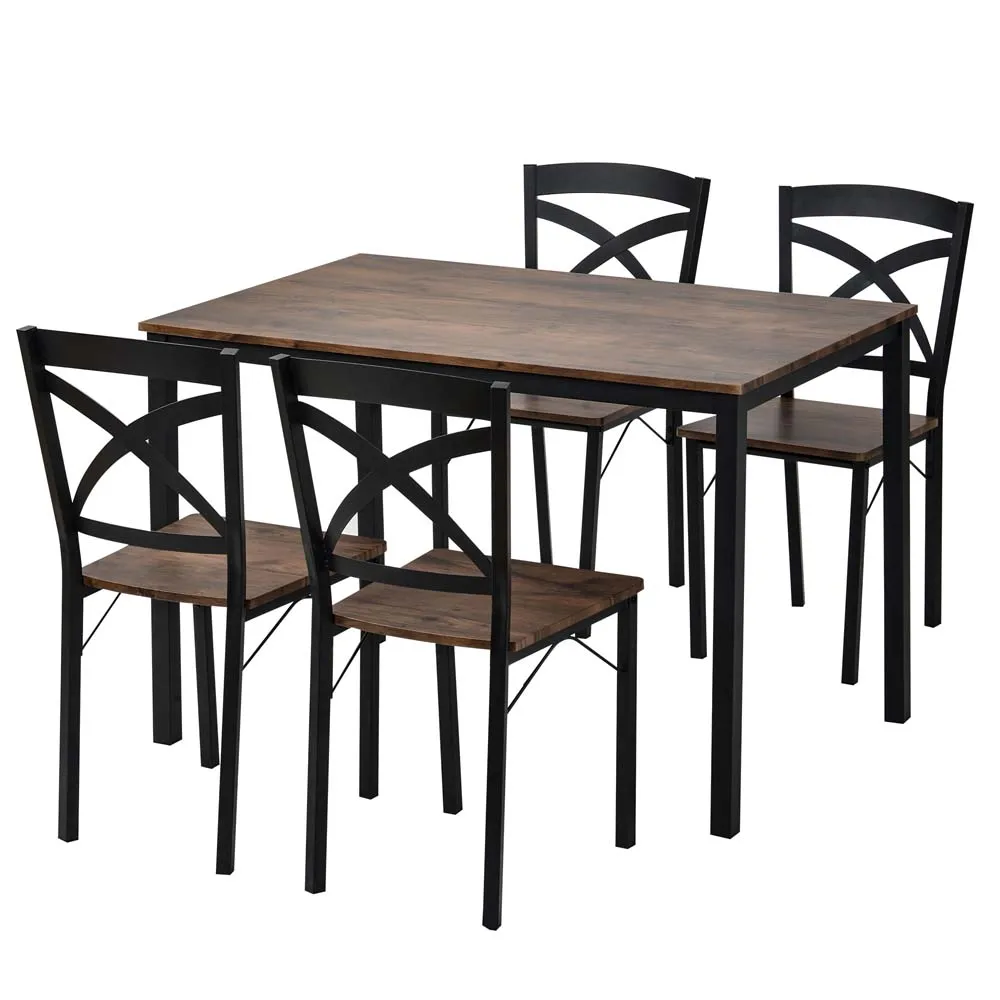 Industrial Wooden Dining Set Table With Ergonomic 4 Chairs Metal Frame