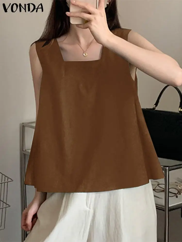 VONDA 2024 Summer Square Collar Tees Women Sleeveless Tank Tops Casual Fashion Camis Blouses Sexy Loose Solid Blusas Femininas