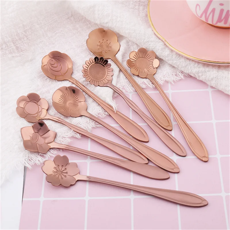 8PCS Flower Spoon Gold Stainless Steel Coffee Spoon Cute Ice Cream Sakura Rose Dessert Spoon Golden Cutlery Kitchen Accessories