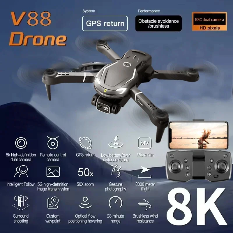 

2026 New AMOLED HD V88 GPS MAX Drone with 8k professional HD camera 5G WiFi Brushless laser barrier avoidance Folding quadcopte