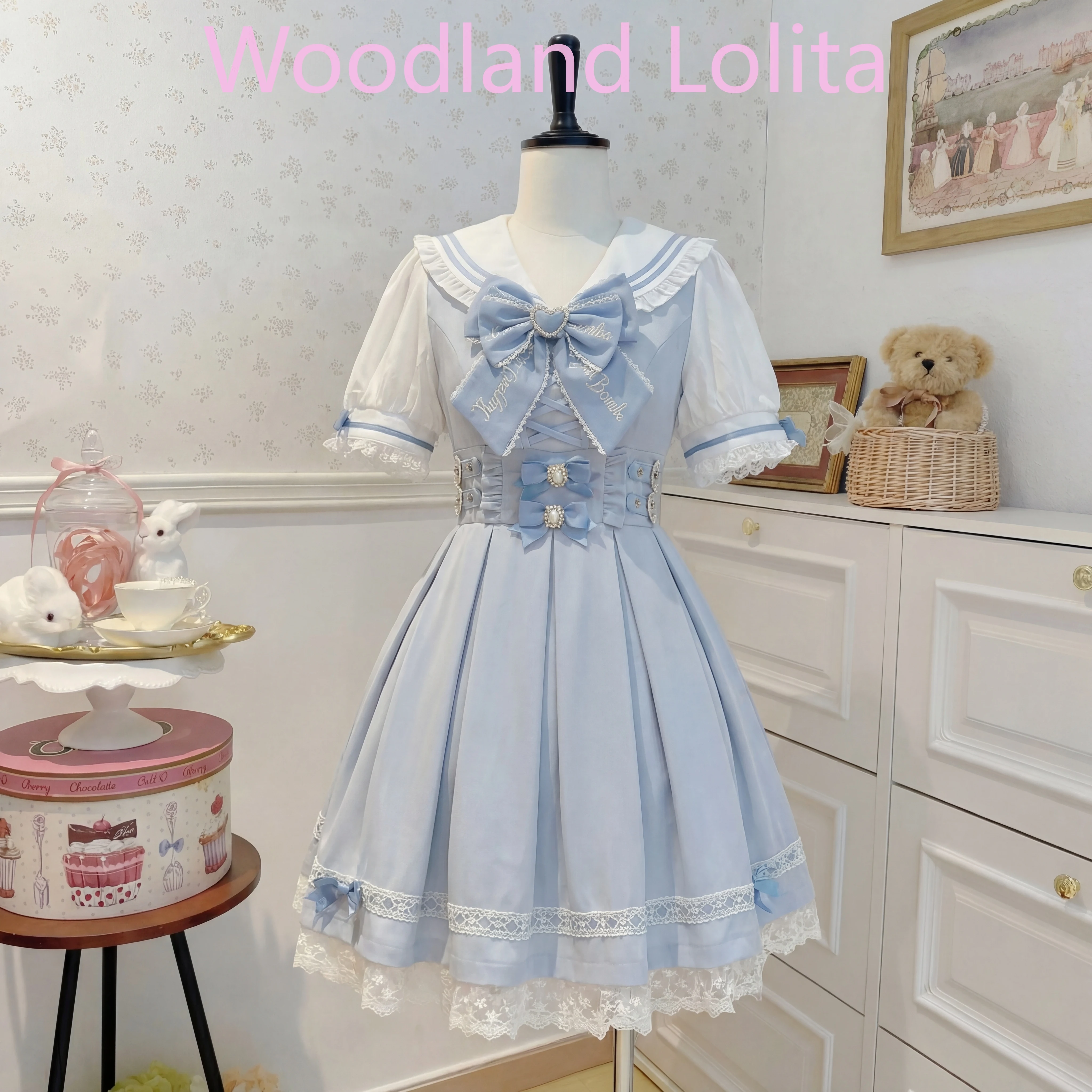 

Summer Kawaii Sweet Slim Dress Women Japanese Lovely Bow Blue Lolita Dresses Female Pretty Elegant Lace New Ruffle Outfits 2026