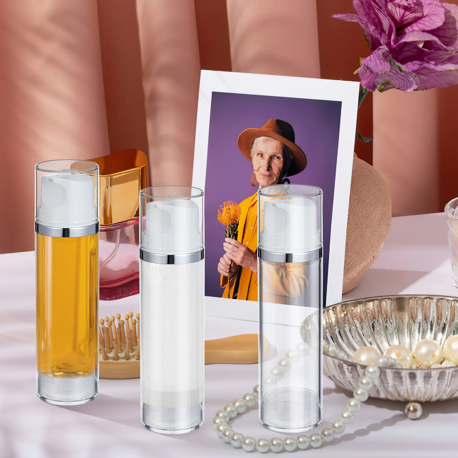 2Pcs Airless Pump Bottle Travel Refillable Lotion Dispenser Portable Vacuum Cream Container Press Airless Pump Bottle