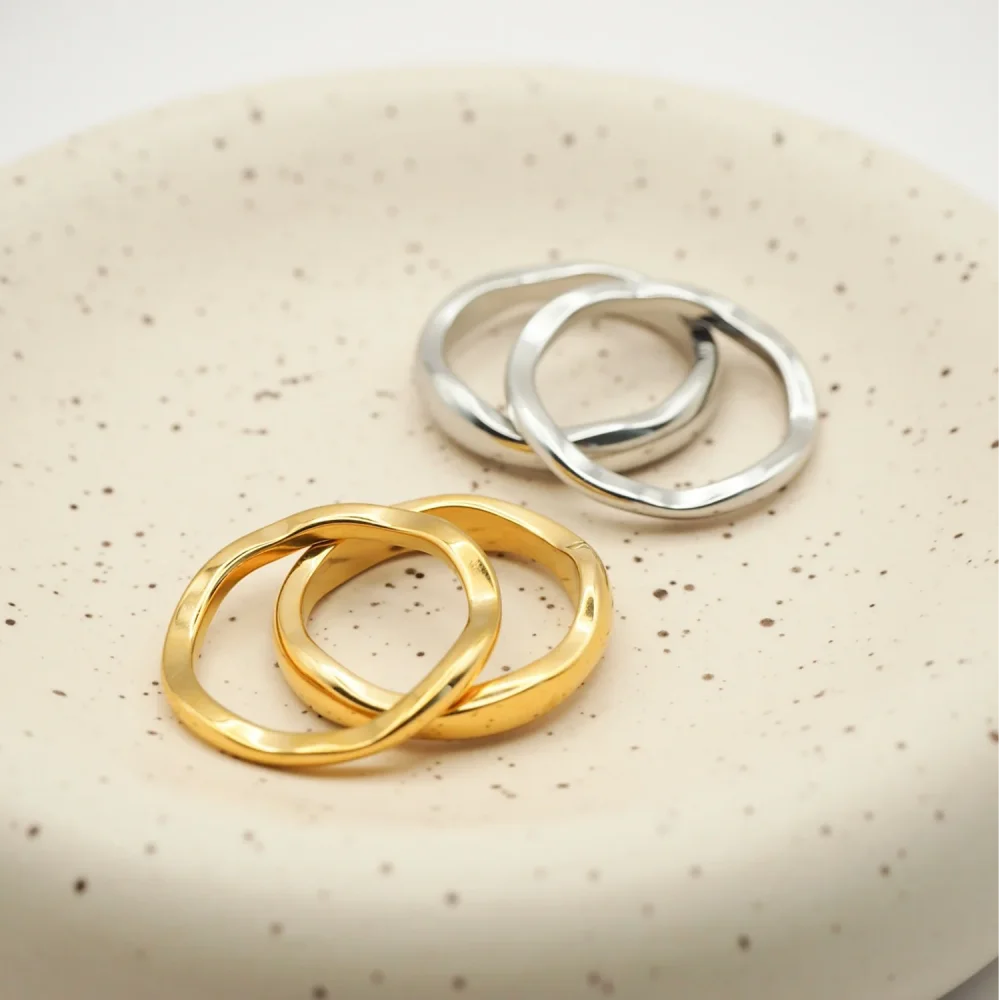 Women's Gold Color Chunky Ripple Band Stackable Ring Set