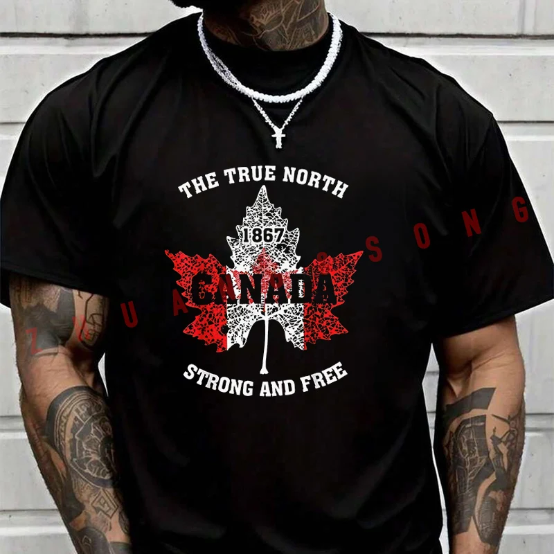 

Summer True North Strong & Free Vintage Maple Leaf Design T Shirt Men Women Motorcycle Short Sleeved Sports T-Shirt