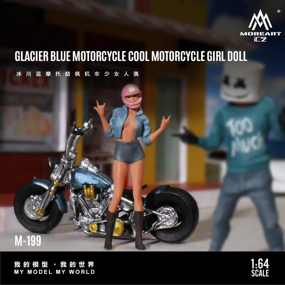 *Pre-Order*MoreArt 1:64 Ice River Blue Motorcycle Cool Girl Figure Resin Model, Miniature Scene Decoration Gift&Display