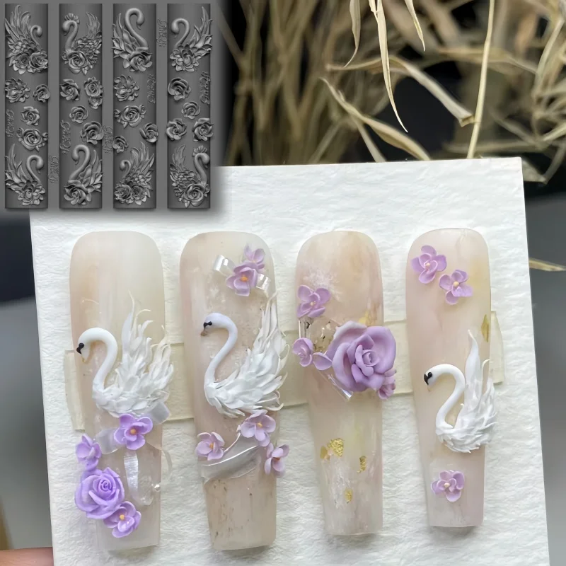 Elegant Swan Rose Bow 3D Flower Silicone Nail Mold Gauze Curtain Art DIY Nail Art Mould for Creative Beauty Crafts view 3