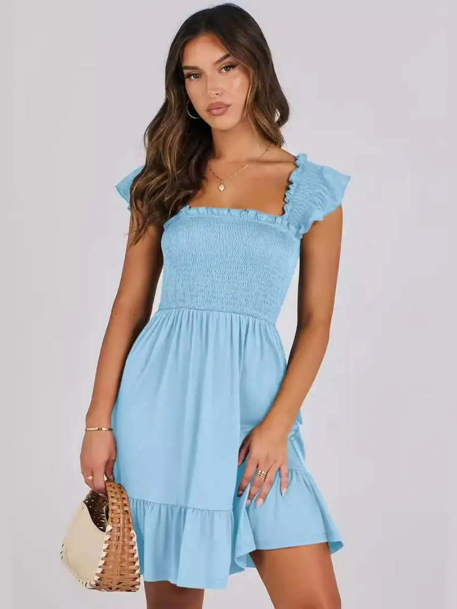 Novo Vestido de Verão F 2024, Vestido de Camadas com Cintura Alta, Costas Descobertas, Mangas Bufantes, Saia Curta, Mo...