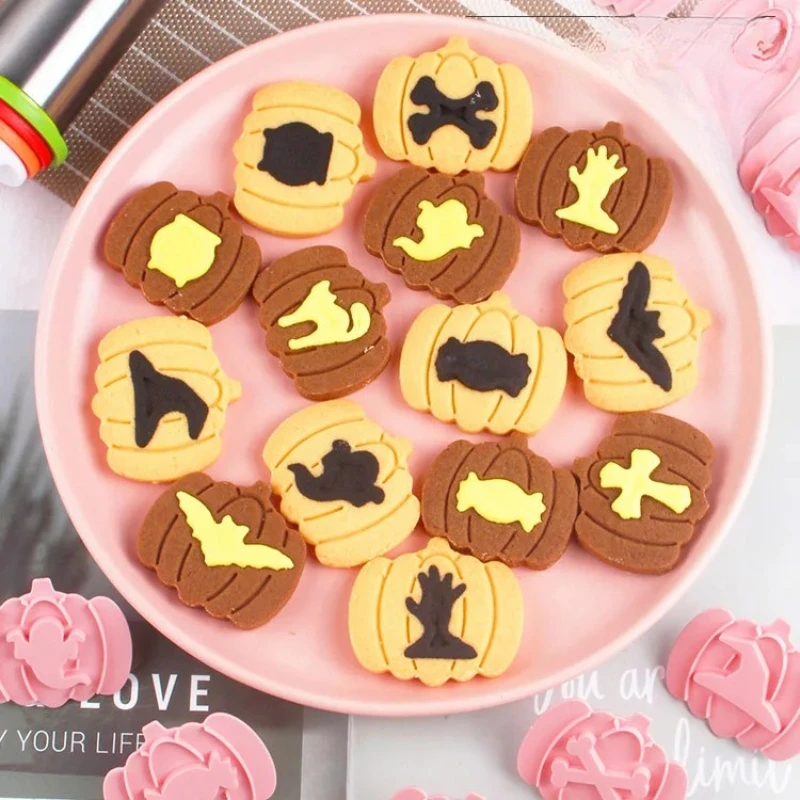 10 Uds. Molde para galletas con diseño de murciélago y gato fantasma en forma de calabaza rosa, herramientas para hornear para celebración de Halloween, decoración para fiestas, suministros DIY