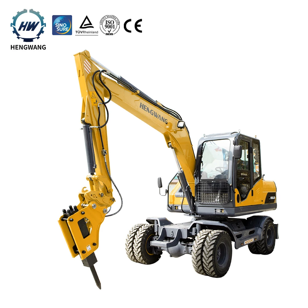 China Top Brand hengwang digger excavator 7 ton 8 ton 10 ton wheel excavator with hydraulic hammer