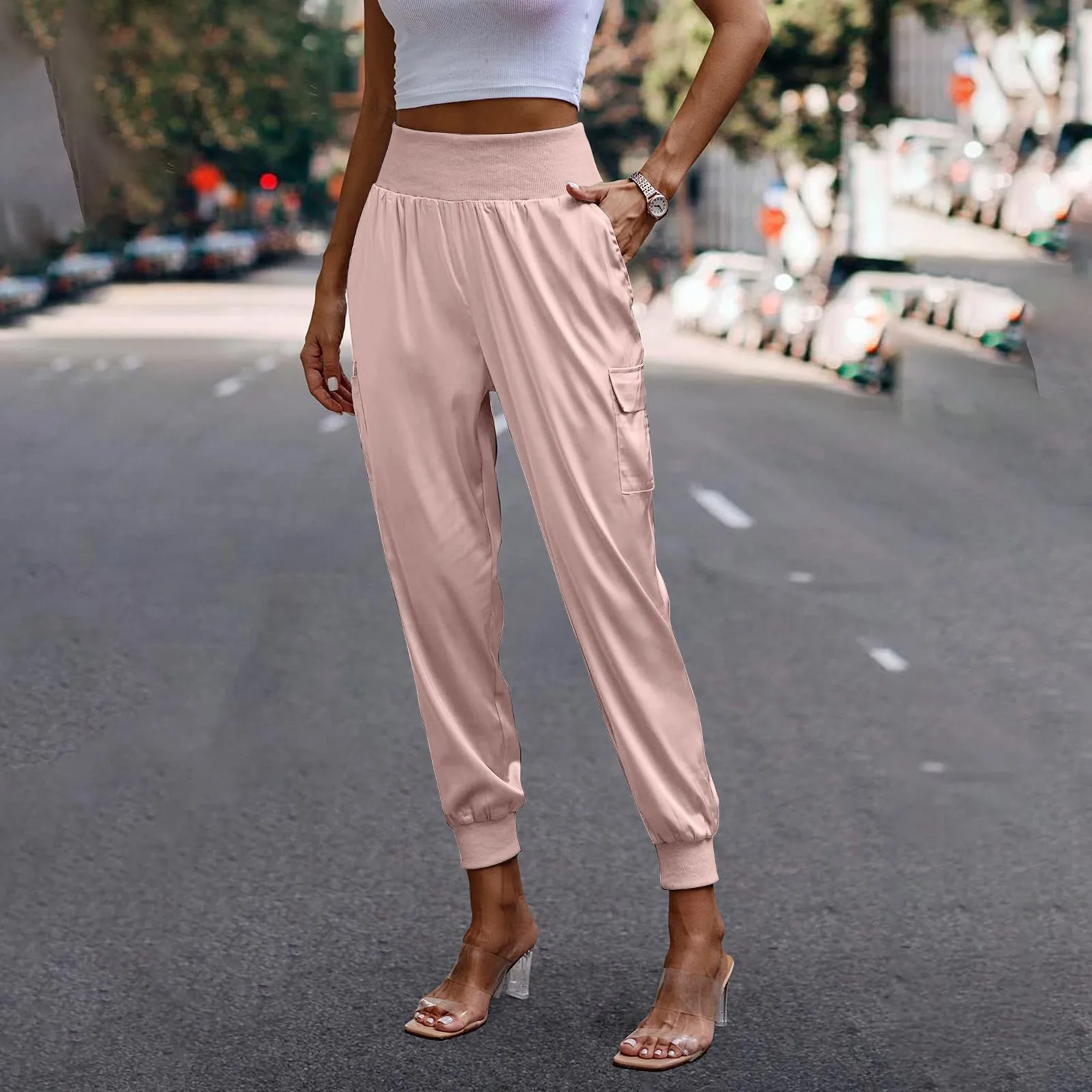 

2024 Women's New Solid Colour Satin Casual Trousers Elastic Waist Pockets Long Pants Spring And Summer Nine Minute Trousers