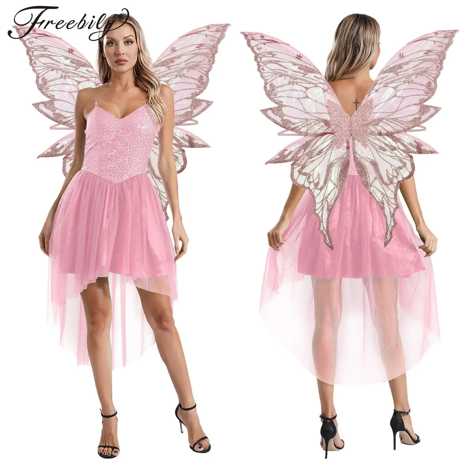 Disfraz de Hada del Bosque para Mujer, Carnaval de Halloween, Disfraz de Diosa Élfica, Cuello en V, Sin Mangas, Lentejuelas, Dobladillo Alto-Bajo, Vestido de Elfo con Alas