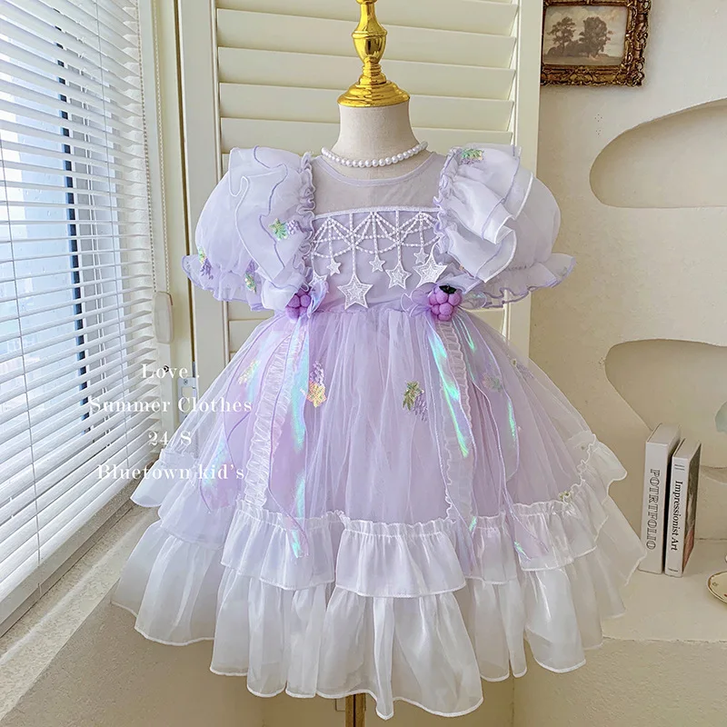 

2024 Cute Girl Star Dress Lolita Girls Princess Dresses Pleated Fluffy Dressed Summer Short Sleeved Children Kids Purple Clothes