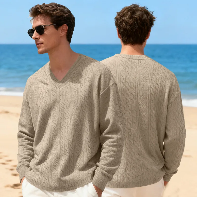 

Men's casual jacquard knitted sweater loose long-sleeved T-shirt men's V-neck pullover jacquard top