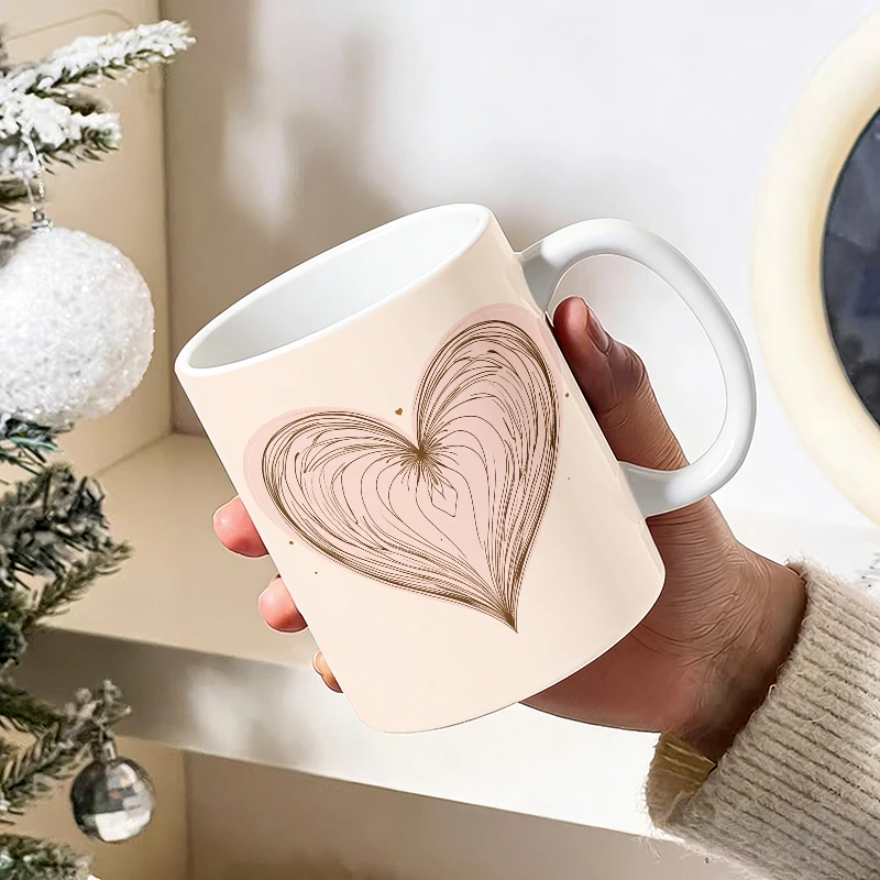 Pink Gold Gradient Line Heart Ceramic Cup with Handle, Minimalist Coffee Cup, Insulated Milk Cup, Office Tea Cup, Holiday Gift