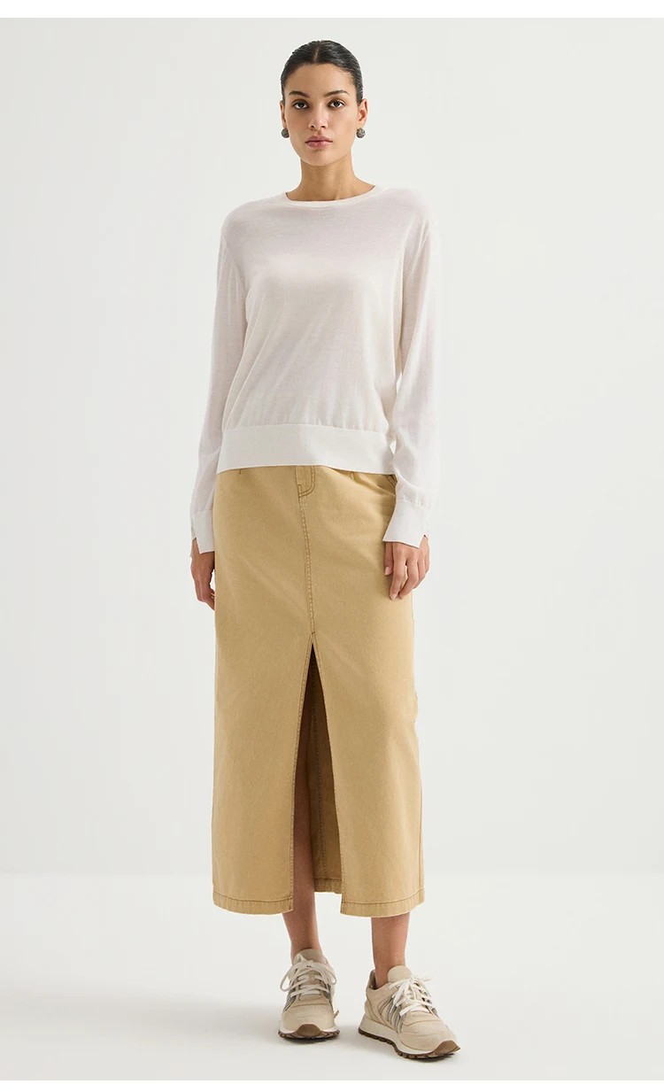 BY3621740 Damen-Pullover mit Rundhalsausschnitt, 100% Wolle, Feinstrick, Langarm, Manschettenschlitz, Kettenabzeichen, entspannte Passform, Bürokleidung, Frühherbst – Detail 7