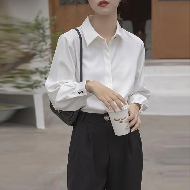 Fashion Lapel Button Solid Color Casual Shirt Women's Clothing 2023 Spring New Loose Korean Tops All-match Office Lady Blouse
