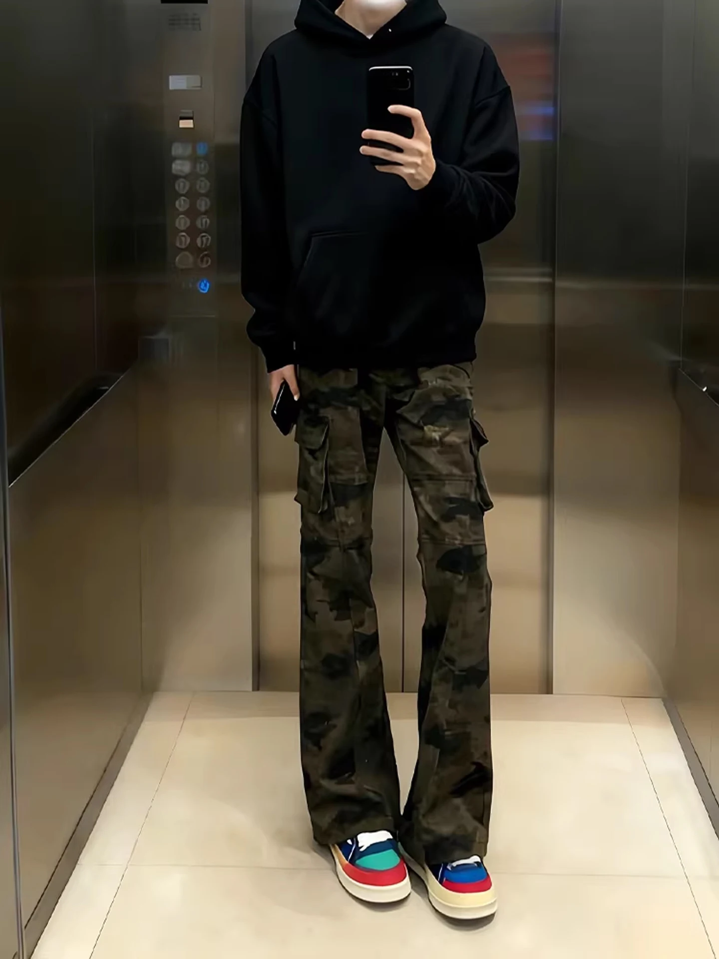 

American Style Fleece Lined Camouflage Jeans Men Thick Retro High Street Micro Flared Slim Straight Workwear Pants