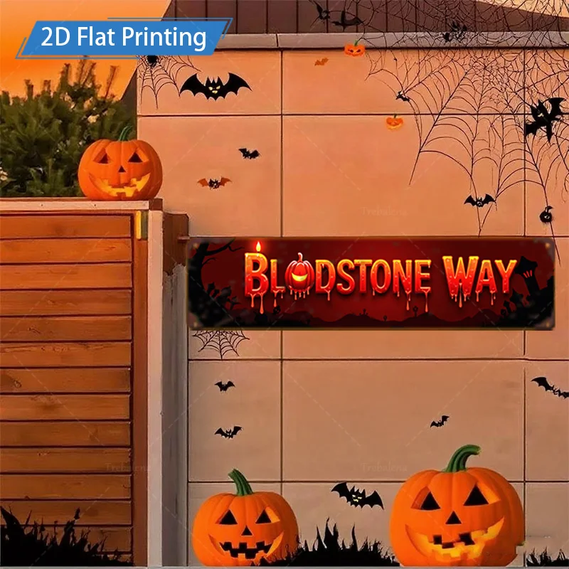 1pc 8x12inch Metal Sign Halloween Bloodstone Way Sign - Spooky Pumpkin Bat Decor for Haunted House Party