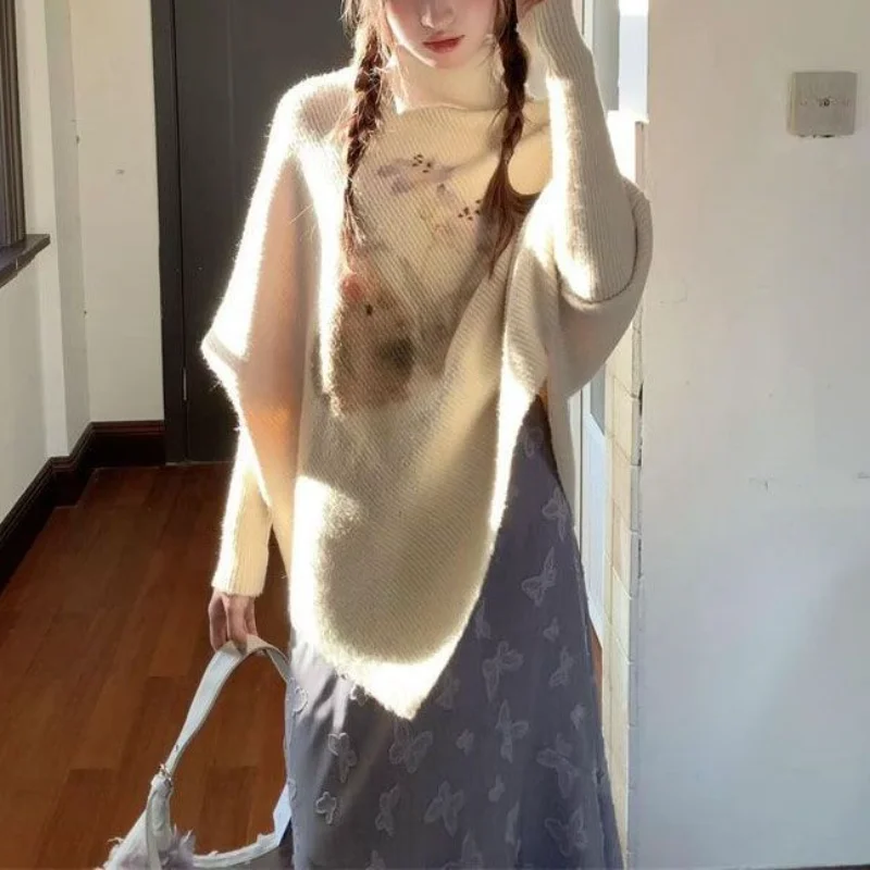 

Корейский нежный стиль, жаккардовый жаккардовый свитер с высоким воротником, нерегулярный женский осенне-зимний новый стиль, ленивый свободный свитер