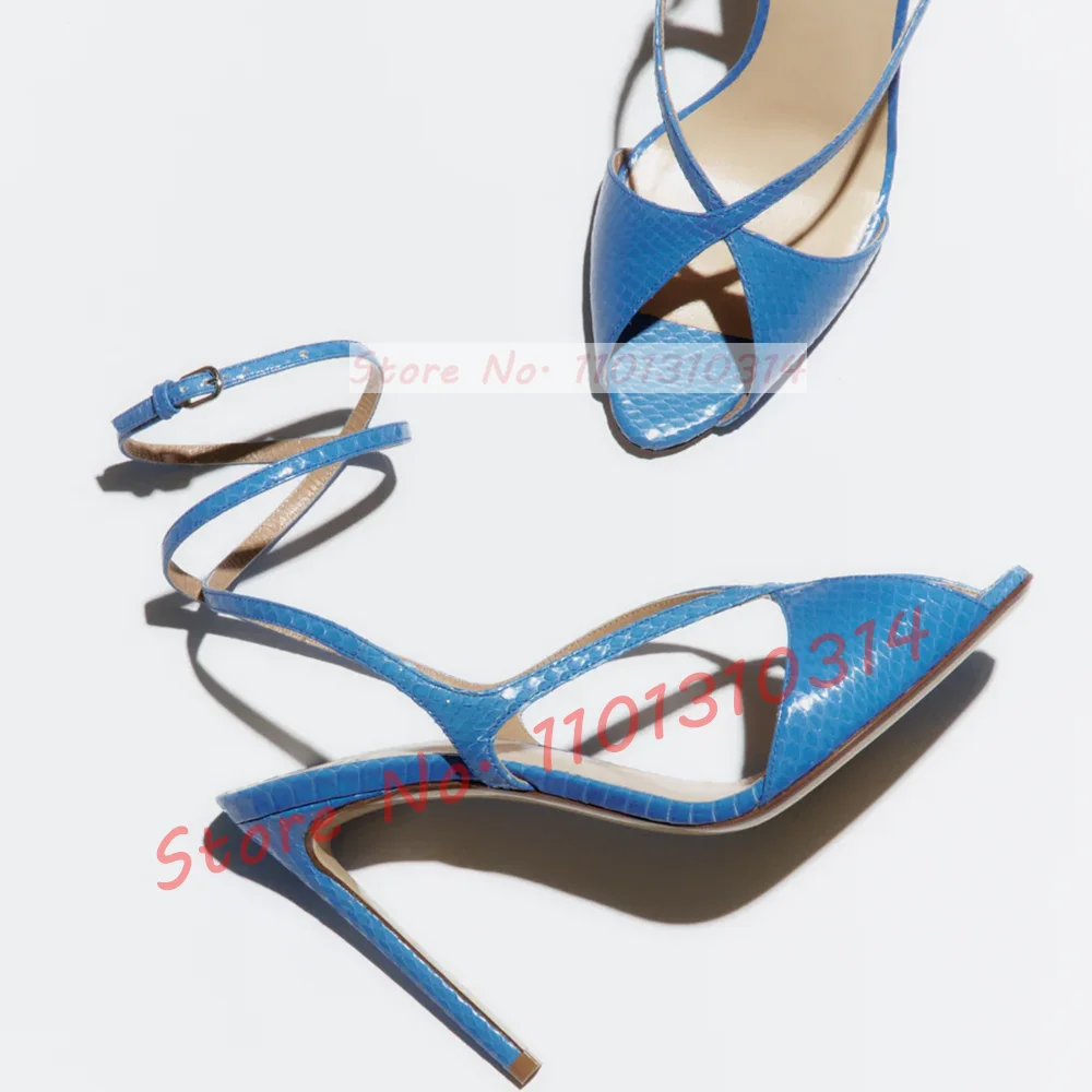 Gold Metallic Peep Toe Sandals Women Cross Strap Luxury Dress High Heels Shoes Ladies Strappy Blue Fashion Ankle Strap Sandals