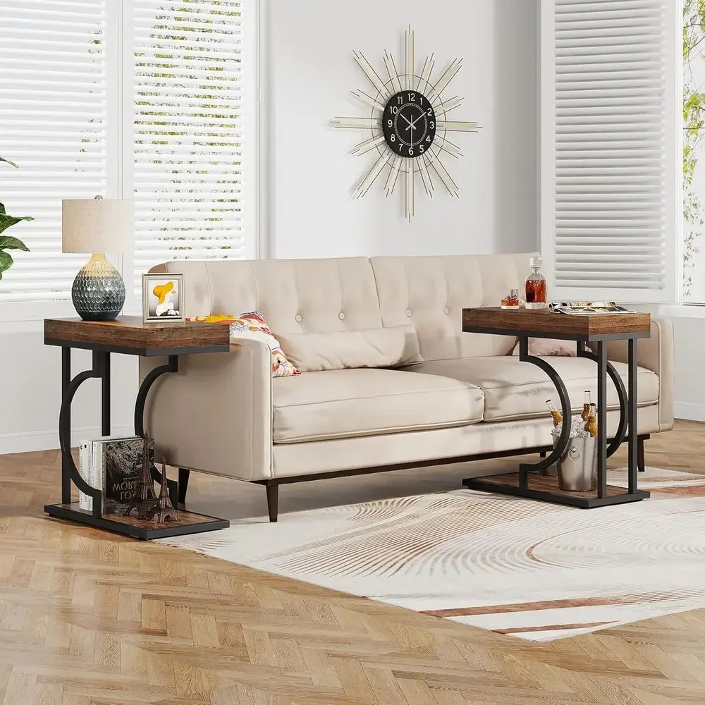 

Side Table Set o 2 Narrow Side Table Brown Black C Shaped End Table ern Bede Tables or Couch, Small Soa Tables with Metal e or L