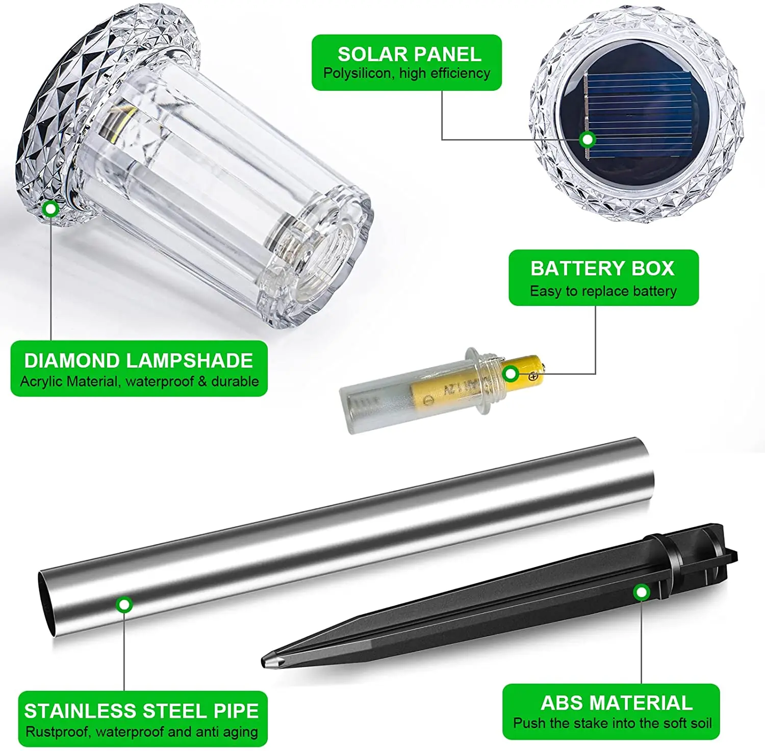 Éclairage LED solaire imperméable en acier inoxydable, éclairage d'extérieur, piquets de jardin, idéal pour une cour, un sentier, un Patio ou une allée, 6 unités