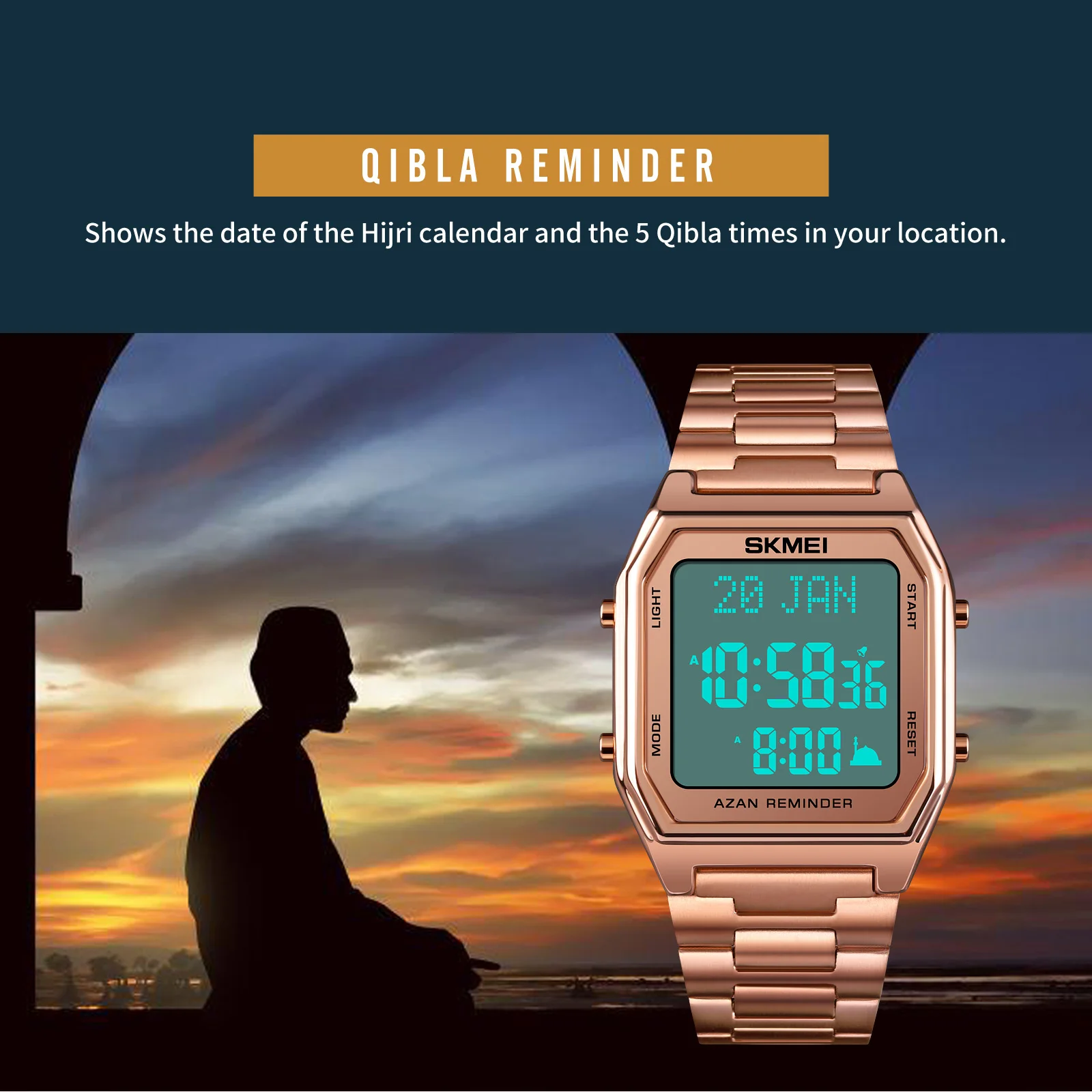 SKMEI LED Qibla Muslim Men Watch Direction Bookmark Digital Mens Wristwatches City Data Male Watches relogio masculino