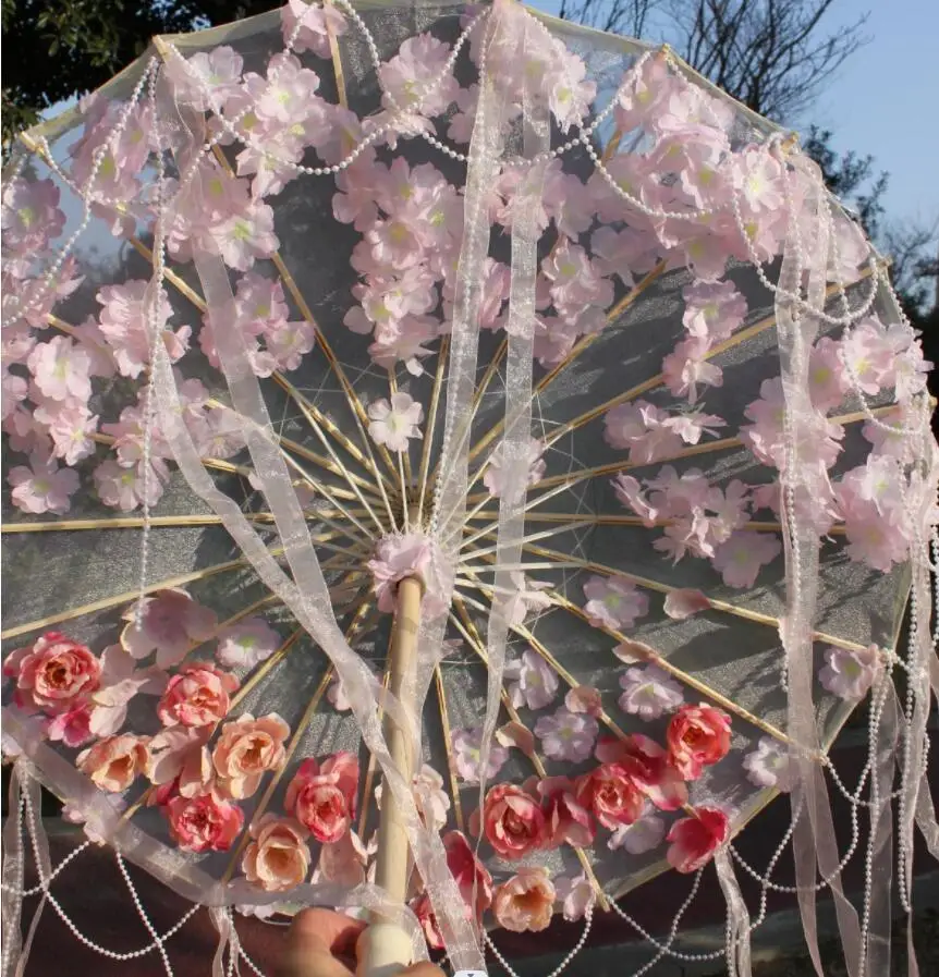 Cosplay Flowers LED Silk Cloth Decorative Umbrella Beach Princess Cosplay Japanese Cherry Blossoms Chinese Peach Blossom Parasol