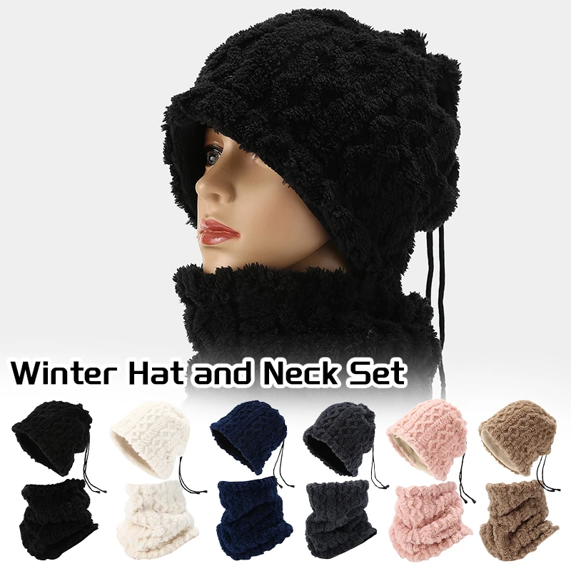 2024 Winter Wool Knitted Bomber Hats Earmuffs Integrated Plush Thick Hat Unisex Warm Cold-proof Woolen Neckerchief Two-piece Set