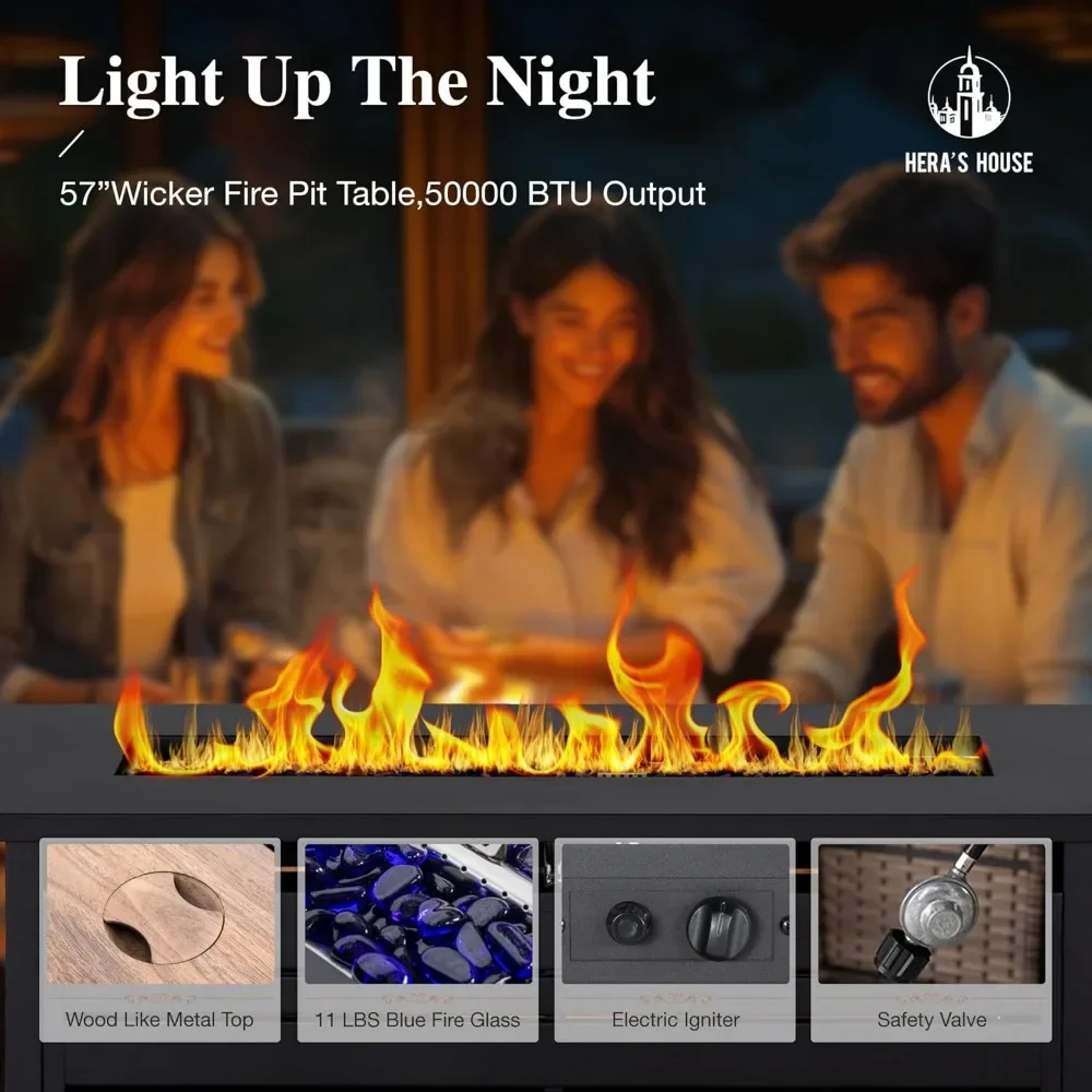 

6-Piece Patio Furniture Set, All Weather 7 Seats Outdoor Wicker Sofa with 57 Fire Pit Table, 5.5 Thick Waterproof