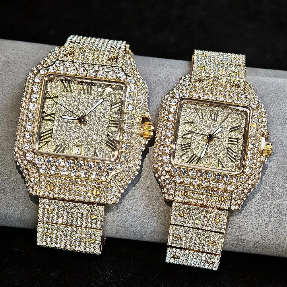 UNIGUET ساعة ثلج فاخرة للرجال والنساء موضة الهيب هوب كامل الماس مربع زوجين ساعة اليد هدية 2026 Hor Sale
