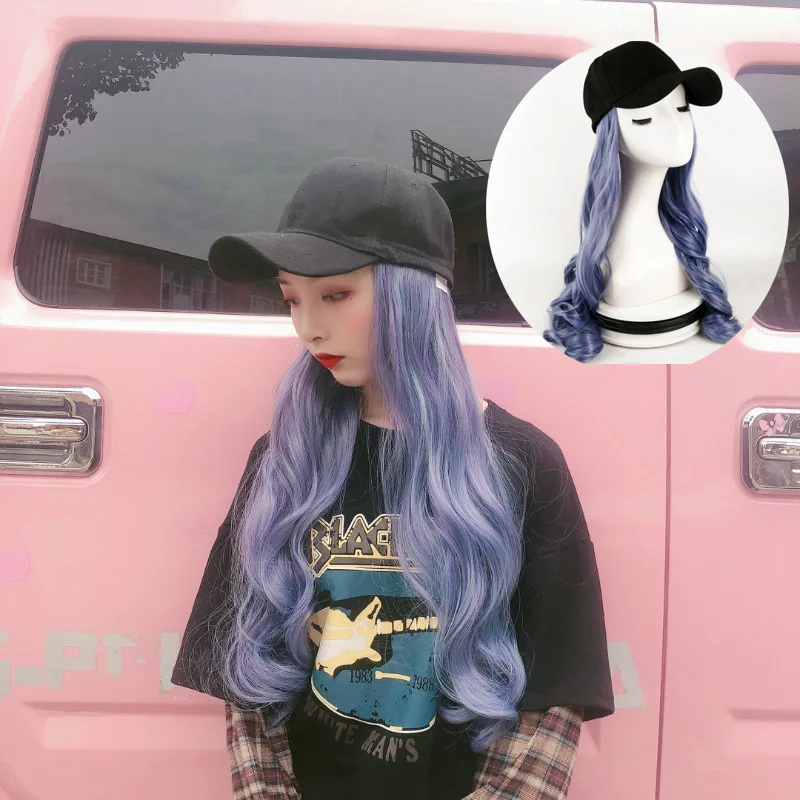 

Women's Wig with Smog Blue Hat, Long Wavy Hair, Big Waves, Fake Synthetic High-Temperature Fiber Wig Cap