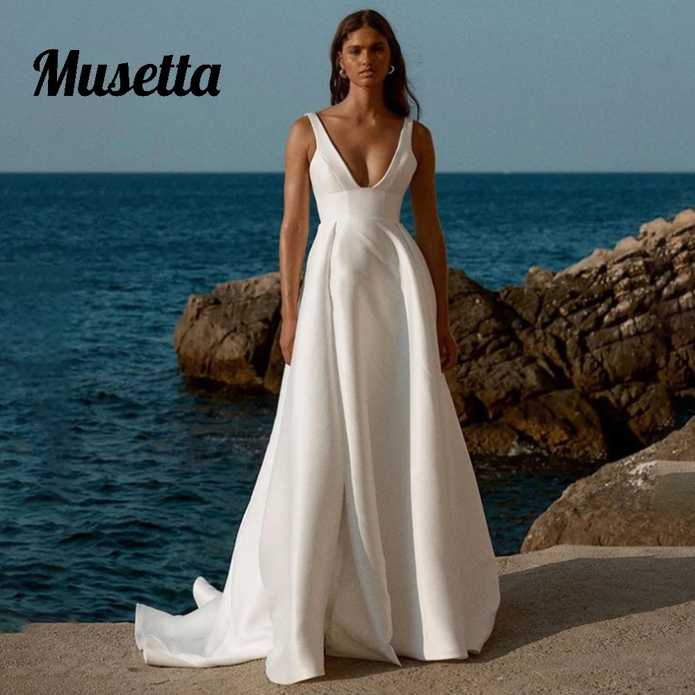 

Musetta Morden Satin A-Line Wedding Dresses Sexy V-Neck Sleeveless Side Slit Bridal Gowns Backless Sweep Train Vestidos De Novia