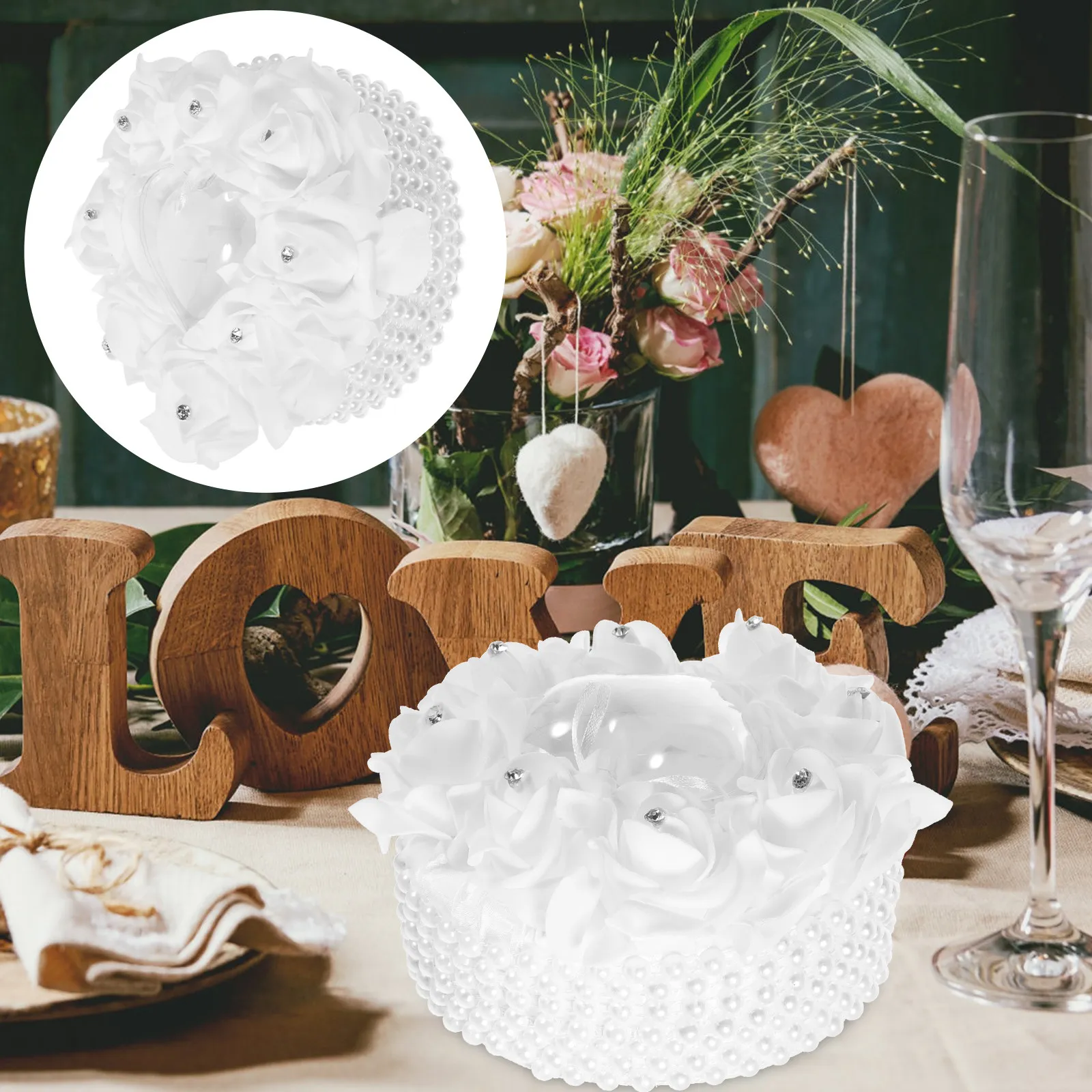 

Romantic Pearl Decorated Ring Pillow for Wedding Ceremony Soft Comfortable Lace Edge Heart Shape Ring Holder Wedding Decor