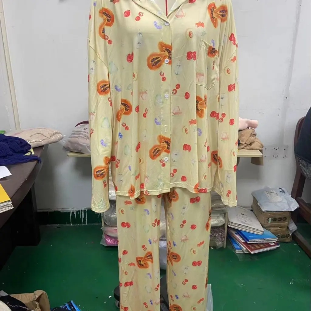 

Женский пижамный комплект с длинными рукавами, рубашка на пуговицах и широкие брюки, одежда для сна с цветочным принтом фруктов, удобная ночная рубашка, наряд