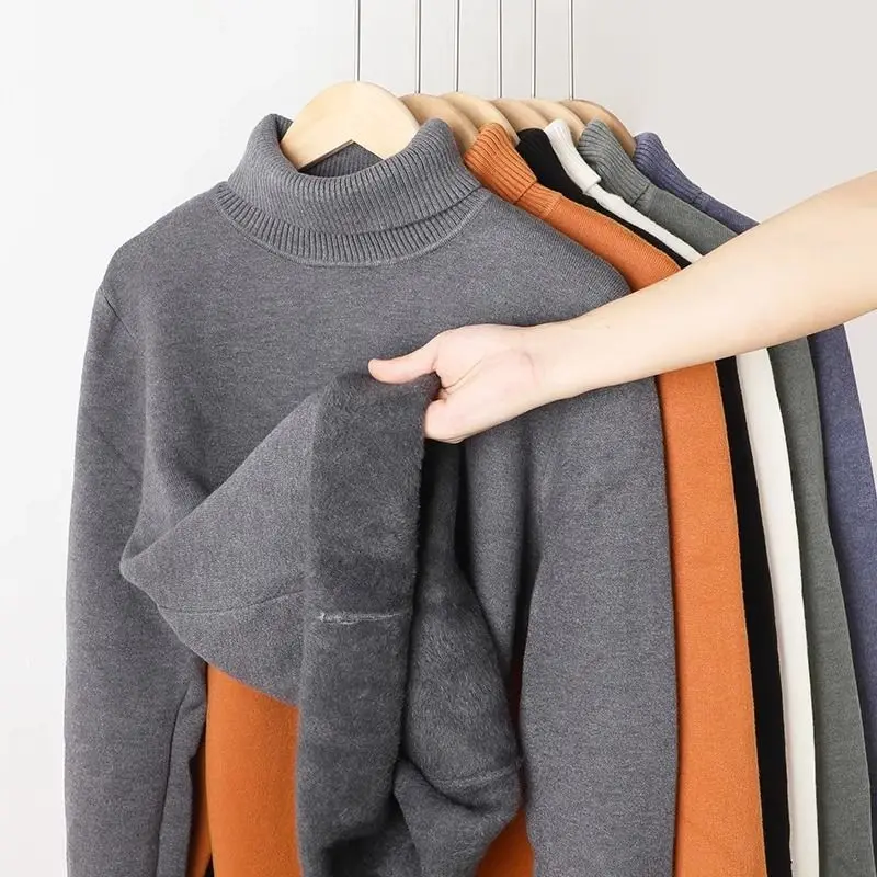 Maglione di peluche a collo alto da uomo Pullover solidi spessi Camicia base in maglia allentata Giacca casual da lavoro Top Autunno Inverno Nuovo
