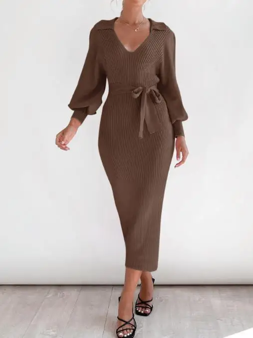 

2025 New Autumn and Winter Elegant Retro Light Mature Style Lantern Sleeves V-Neck Solid Color Knitted Wool Dress