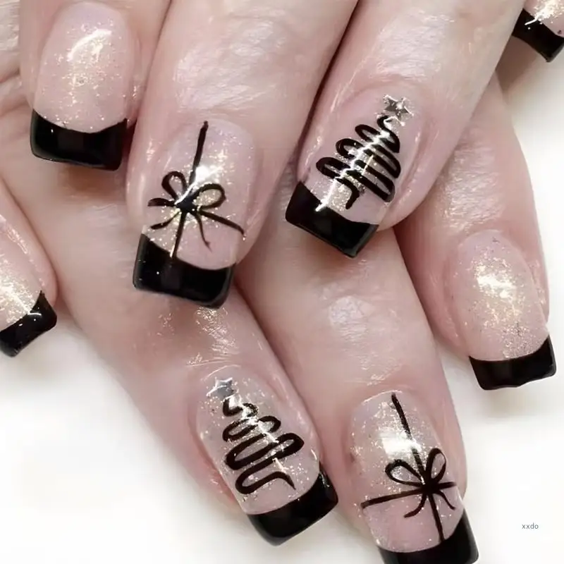 Ribbon Press On Nail Short Square Artificial Nail Glittering Full Cover Stick on Nail Christmas False Nail for Woman