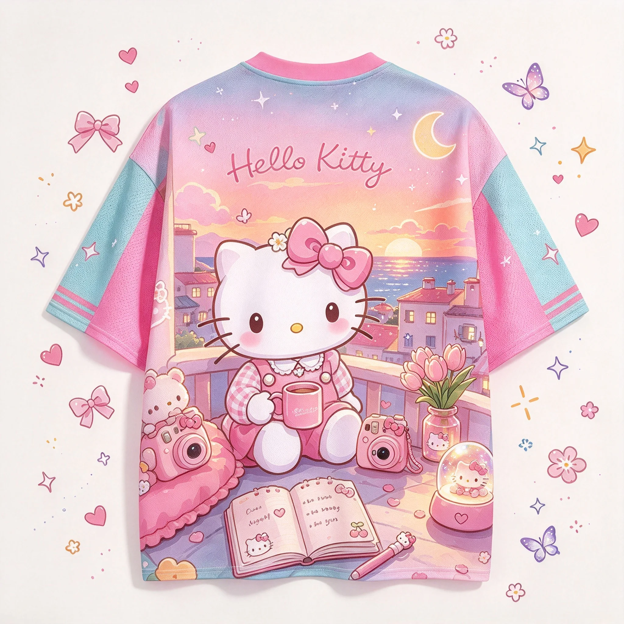 Hello Kitty Sunset Garden Graphic Mesh Jersey, Pink Blue V Neck Sport Top, Flower Butterfly Cute Print Oversized Casual Shirt