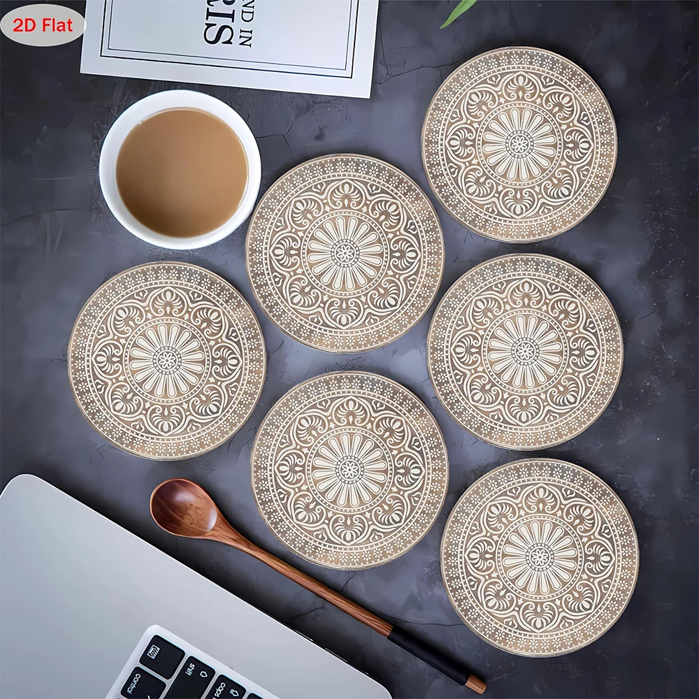 2D Flat 6pcs 4in Round Wooden Coaster Heat Resistant Non-Slip Single-Sided Color Print Mandala Flower Restaurant Kitchen Coaster