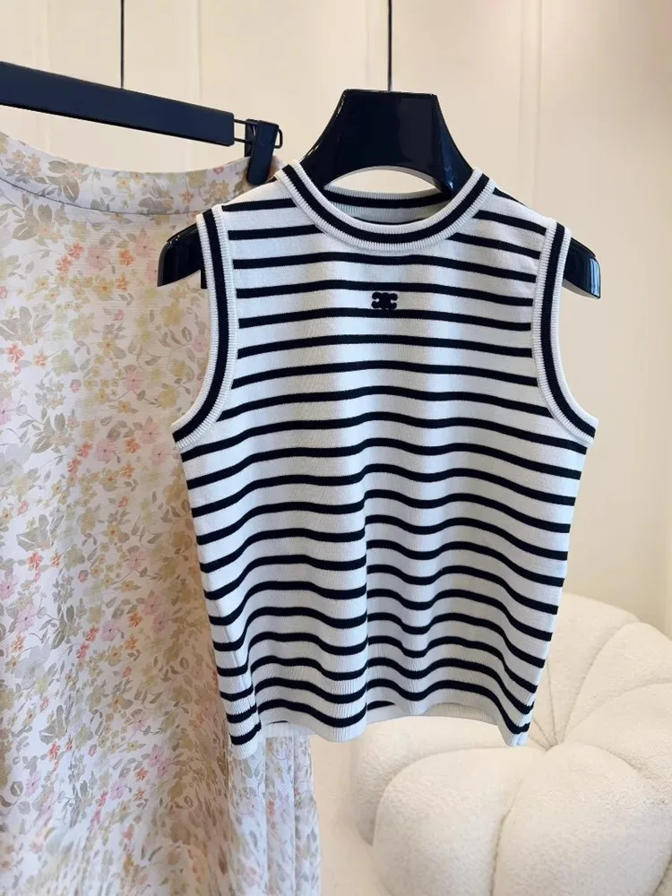 

Вязаный жилет Sweet Sle, топ, черный, белый полосатый цвет, дизайн, хлопок, круглый, нелье, повседневная, летняя, мода