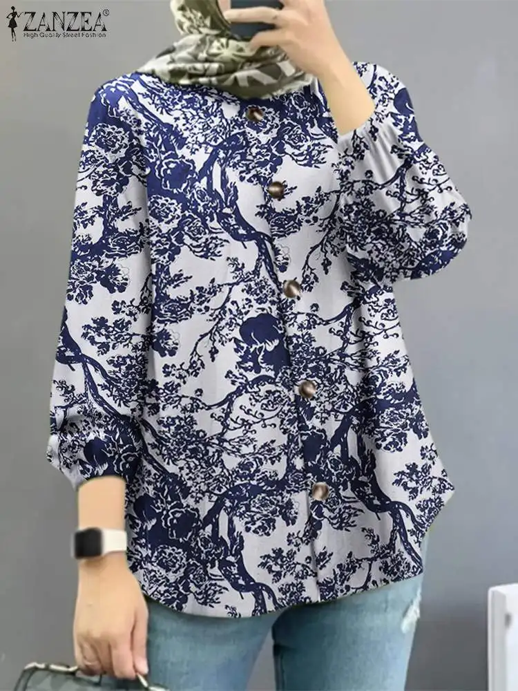 

Bohemain Vintage Shirts ZANZEA Women Muslim Abaya Tops Spring Long Sleeve Buttons Down Blouse Casual Floral Printed Blusas Femme