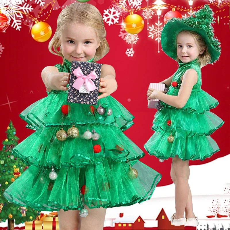 Kids Christmas Tree Dress Up Outfit Tiered Green Sequin Dress With Xmas Hat For Pageant Show