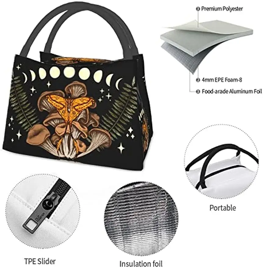 Mushroom Moth Insulated Lunch Bags for Women Men, Reusable Lunch Cooler Bags Tote Box Meal Prep for Work Picnics or Travel