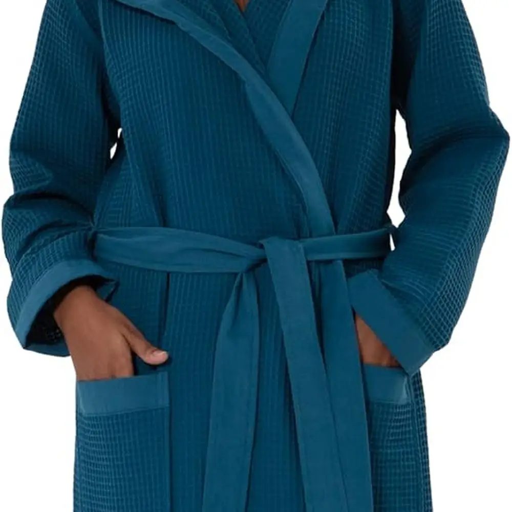 

Женское вафельное кимоно из органического хлопка, халат с капюшоном — сертифицированный GOTS легкий спа-халат в полный рост с окантовкой