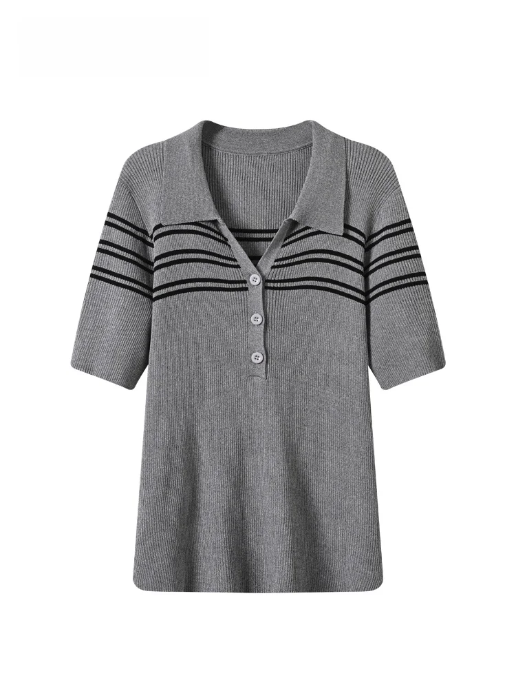 

Summer New Style Casual Stripe Neck Short Sleeve T-Shirt Women's plus Size Korean Style Commute Fashion Big Sister Club