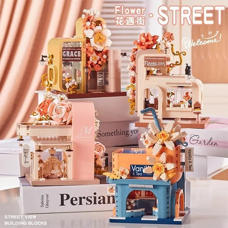 Floral Street Commercial Building Blocks, Milk Tea Coffee Wedding Shop, Flower Bouquet Assembled Toy, Birthday Gift for Girls