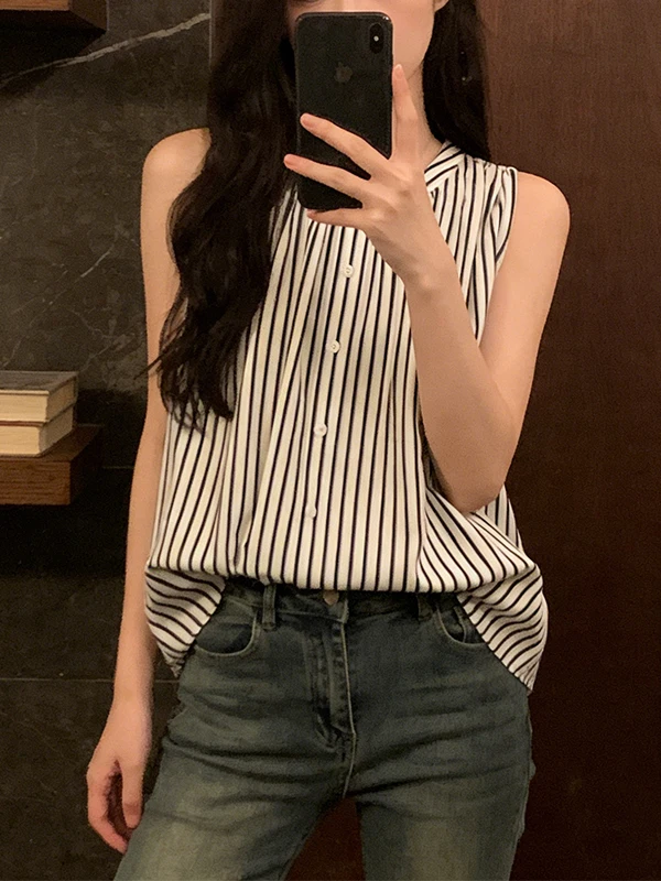 

Лето 2026: Женская черная полосатая жилетка больших размеров, повседневная свободная безрукавка, верхняя одежда с круглым вырезом, рубашка с длинным рукавом в стиле кэжуал для работы